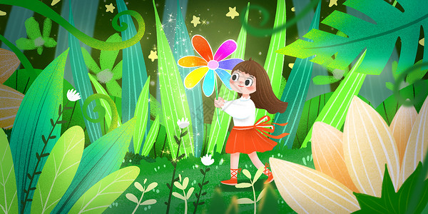 七色背景在森林寻找七色花的女孩插画