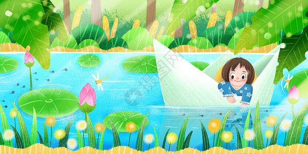 立夏女孩坐纸船在池塘看荷花背景图片