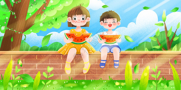 立夏天气晴朗姐弟俩在台阶上吃西瓜高清图片