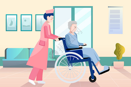 老人在家里护士节护士在病房推轮椅矢量插画插画