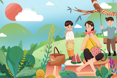 户外吃西瓜立夏野餐的一家人插画
