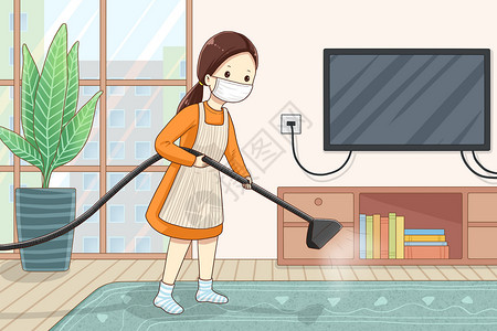 打扫卫生的女人劳动节做家务插画