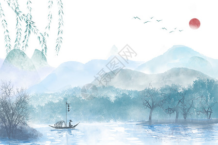 山间温泉古风水墨背景设计图片