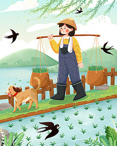 二十节气谷雨女孩与狗插画背景图片