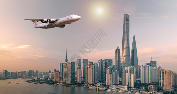 城市航空城市上空的飞机设计图片