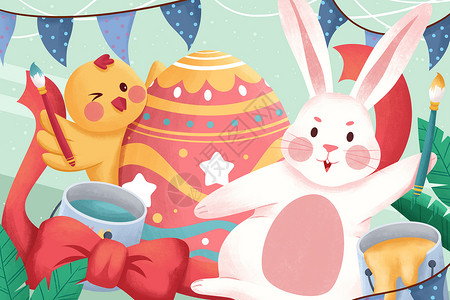 复活节彩兔子小黄鸡画彩蛋插画背景图片