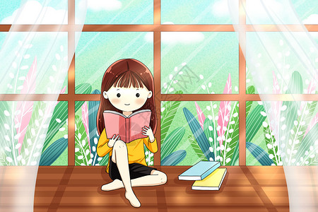 在窗边看书的女孩图片