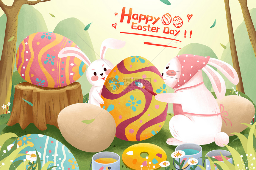 清新复活节兔子画彩蛋插画图片