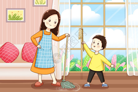 打扫卫生的女人小孩和妈妈一起做家务插画