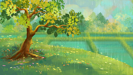 阴天手绘谷雨通用风景背景插画