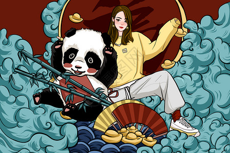 酷背景国潮女孩与熊猫插画