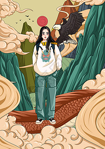 国潮女孩与鹰背景图片