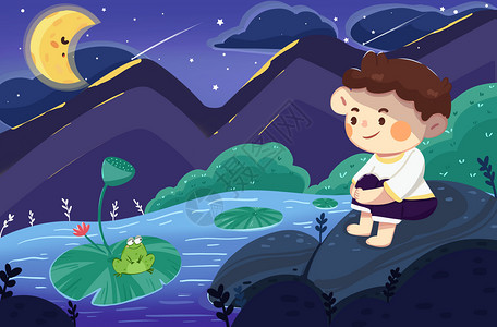 立夏坐在河边看青蛙的小男孩背景图片