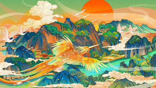 飞鸟手绘中国风龙虎山手绘插画