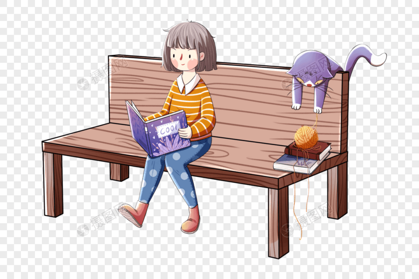 坐在长椅上看书的女孩图片