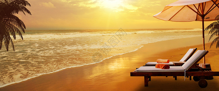 夏天夕阳海边度假背景设计图片