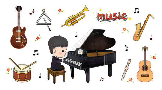 弹钢琴男孩简笔画小小音乐家插画