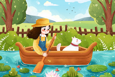 船里人和狗二十四节气立夏划船女孩与狗插画插画