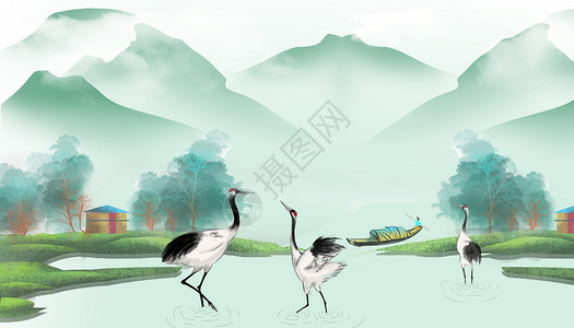 丹顶鹤中国风山水画设计图片