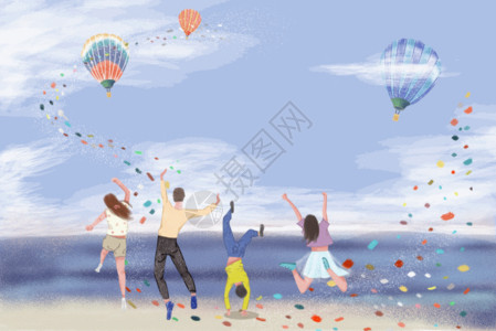 热气球飞海五四青年节彩色插画GIF高清图片