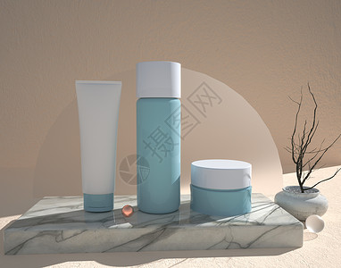 换季护肤品促销创意简约3D化妆品空间设计图片