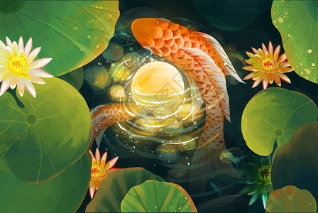 温馨唯美背景池塘里的锦鲤插画