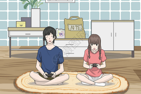 情侣在客厅拍照520宅在家中打游戏的情侣插画