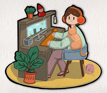 猫桌面玩电脑的男孩插画