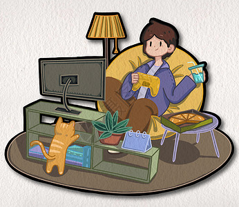 猫咪趴在电视上玩游戏机的男孩插画