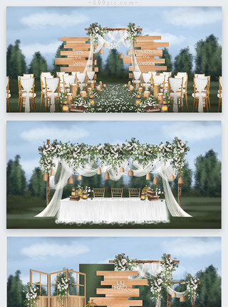 藤编椅子小清新白绿色户外婚礼效果图模板