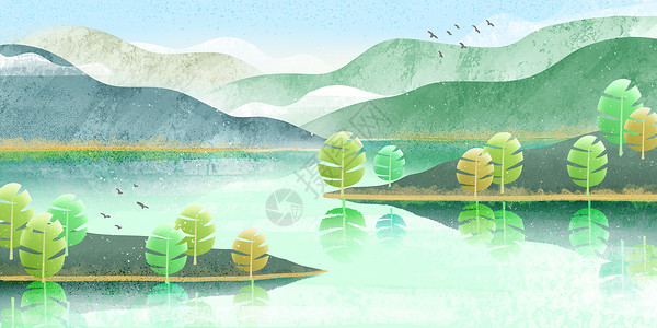 公园湖水噪点肌理夏日的湖水风景插画