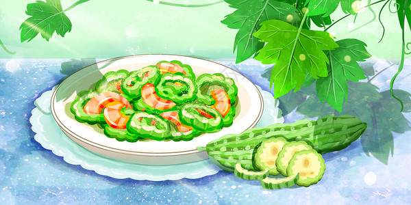 夏季食物小满节气苦菜苦瓜炒虾仁插画