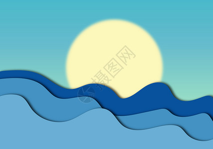 快速波浪和日出剪纸风夏日背景设计图片