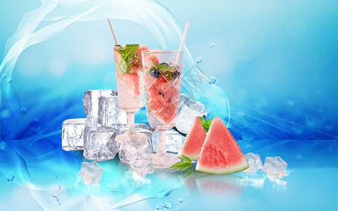 新鲜西瓜底图夏季冰饮场景设计图片