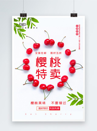 吃樱桃猫清新樱桃特卖促销海报模板