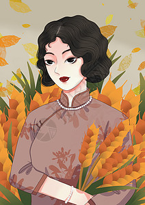 拿着麦穗美女民国美女芒种节气插画