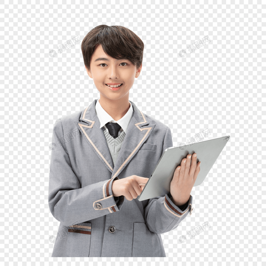 手拿平板电脑上网课的男孩图片