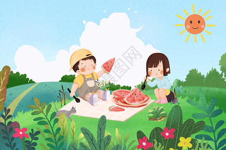 夏季吃瓜的孩子夏至野餐的小孩插画