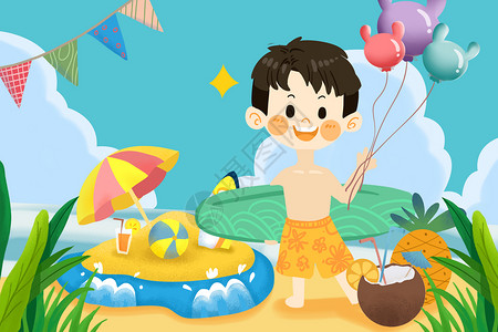 冲浪的孩子夏季度假的孩子插画