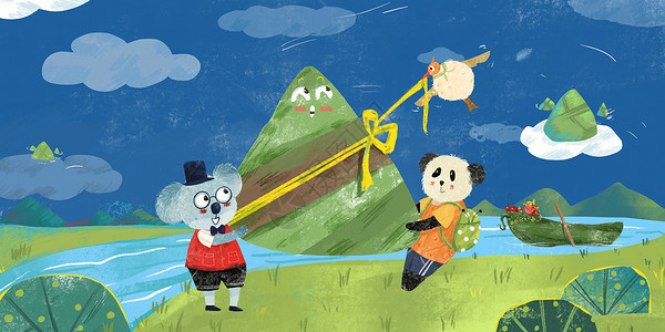 儿童节存粽子准备过端午节的动物们绘本插画背景图片