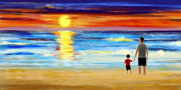 亲子沙滩看夕阳海滩的父子插画