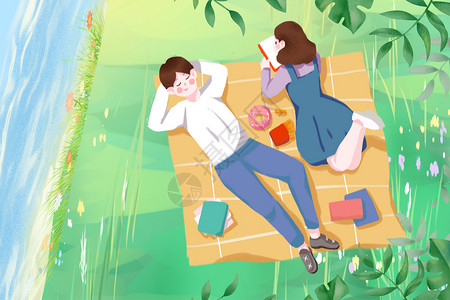 躺着地上的情侣夏天情侣河边野营插画