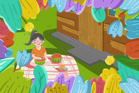户外吃西瓜夏至小女孩户外野餐吃西瓜插画