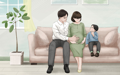 孕期不适二胎家庭插画