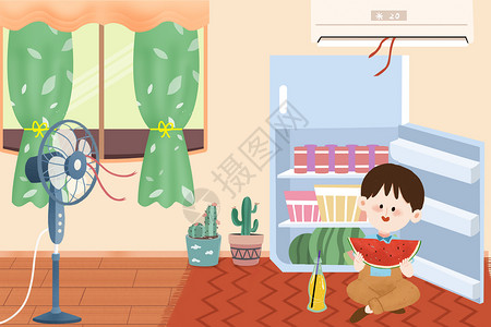 开冰箱的男孩夏季宅在家中吃瓜的男孩插画
