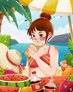 海边喝饮料夏季海边女孩喝饮料吃西瓜水果插画插画