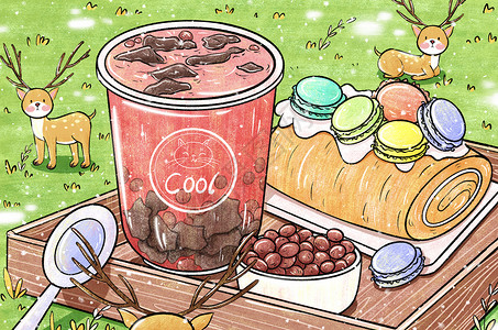 蛋糕马卡龙下午茶甜品插画