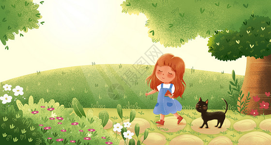 夏天吃西瓜的小女孩和猫背景图片