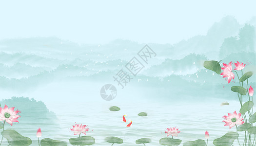 池塘里的荷叶夏日荷花背景设计图片
