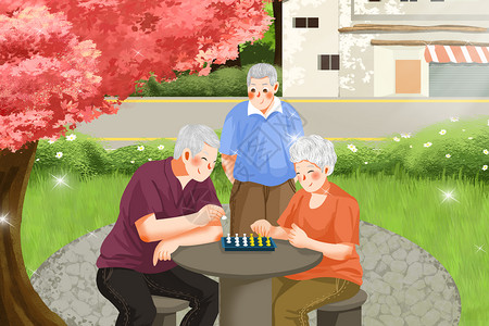 下棋老人卡通中国人口日老龄化老人下棋插画插画